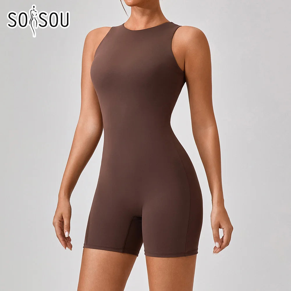 SOISOU One Piece Jumpsuit Women Sleeveless Back Zipper Sportswear Woman Gym Yoga Sport Sets Nylon Fitness Sets Women Tracksuit