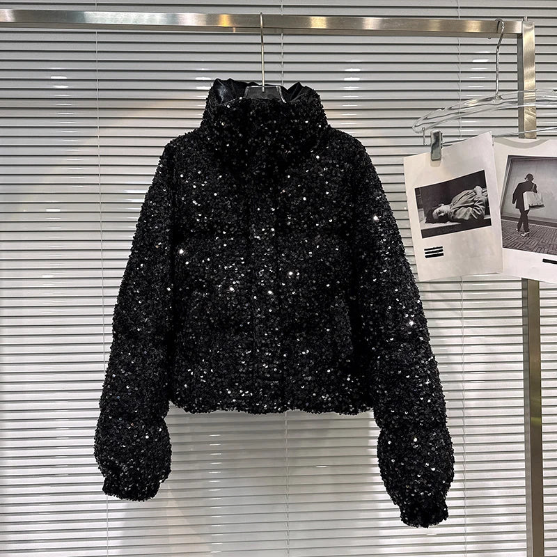 DEAT Winter New Fashion Heavy Industry Colorful Sequin Stand Collar Warm Jacket For Women Cotton-padded Coat 11A07258