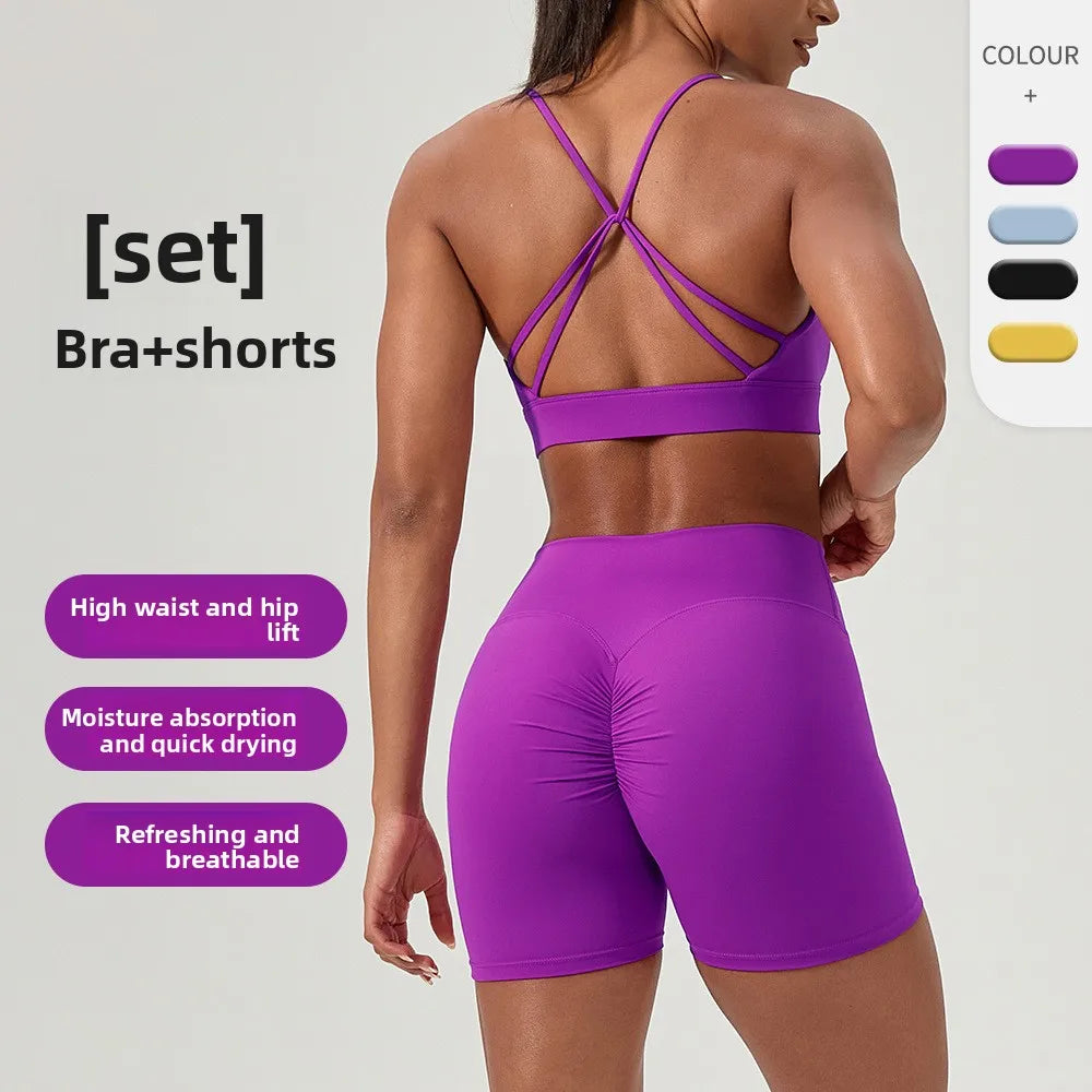 Yoga suit set, sexy back, sports bra, high waist, hip lifting, tight shorts, running and fitness two-piece set Women' Yoga sets