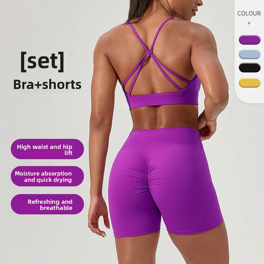 Yoga suit set, sexy back, sports bra, high waist, hip lifting, tight shorts, running and fitness two-piece set Women' Yoga sets