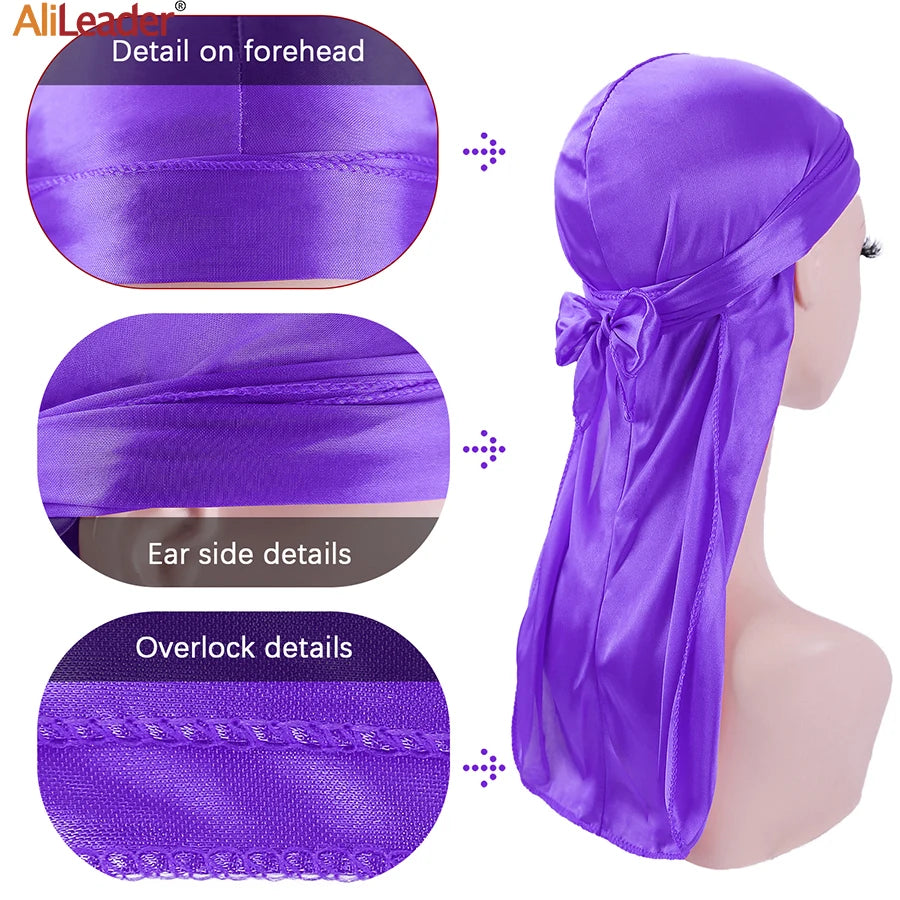Unisex Seidige Durags Bandanas Turban Hut Perücken Doo Männer Satin Durag Biker Kopfbedeckung Stirnband Haar Zubehör Extra Lange Schwanz Du-Rag