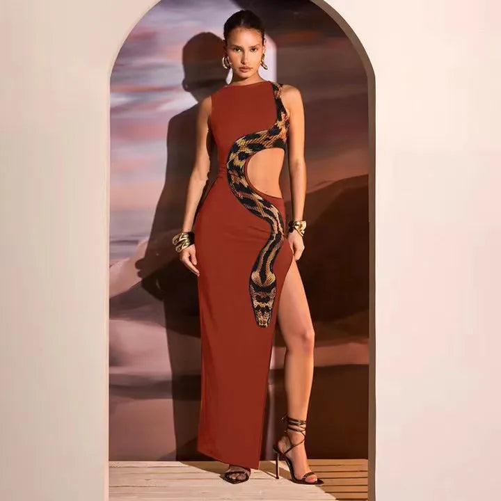 European And American Traditional Wear Dress Women's Long Black Maxi Dress Side Slit Cutout Waist Snake Print Hollow Out Round