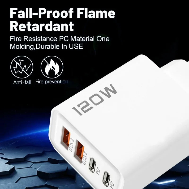 New 120W 4 Port USB Type C Charger Fast Charging Data Cable USB Phone Charger Adapter For Samsung iPhone Huawei Wall Charger