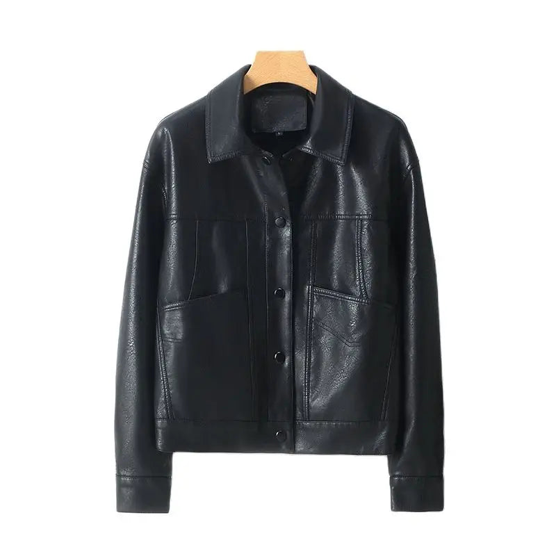 New Female Motorcycle Leather Jacket Spring and Autumn Women's Leather Lapel Button Slim Korean Version of Women's Coat