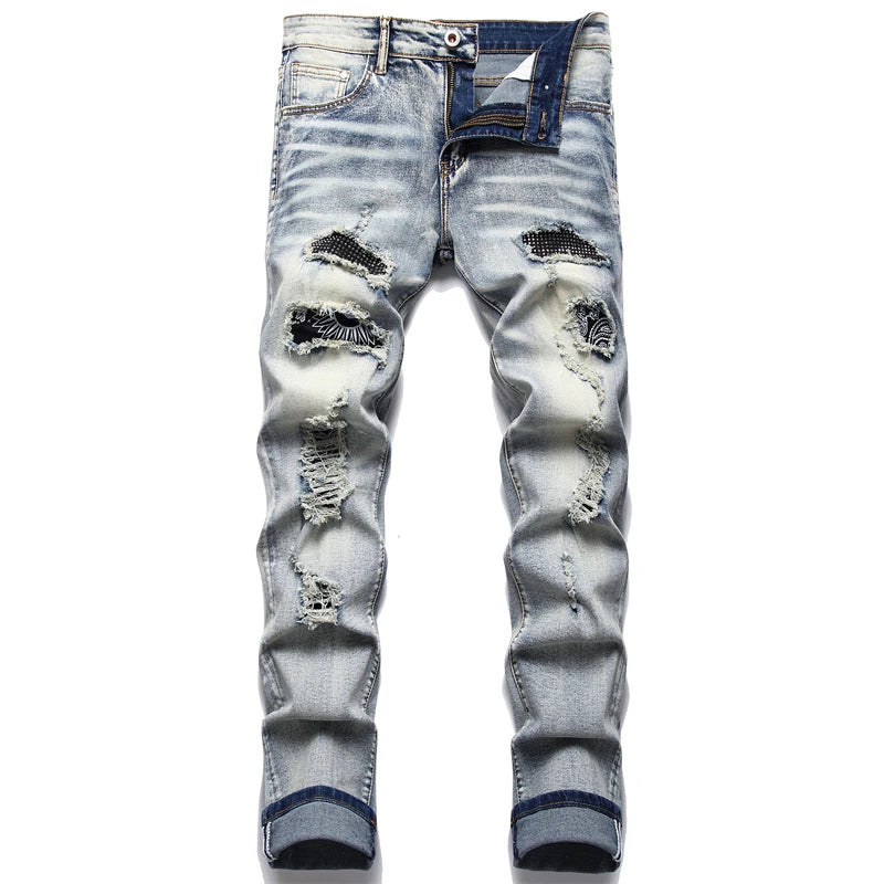 Herren Gebrochene blaue Plissee-Patch-Biker-Jeans Streetwear Löcher Zerrissene Distressed Patchwork Stretch-Jeans Schlanke Röhrenhose