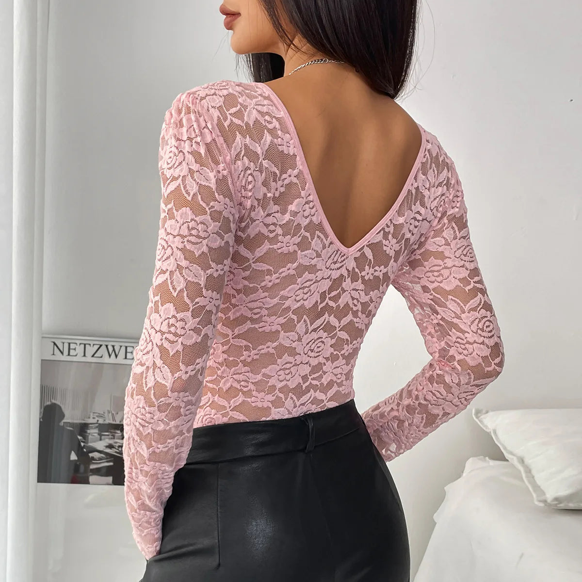 Women's Jumpsuit Onesie Lace Long Sleeve Perspective Embroidery Black V-neck Slim White Base Shirt Red Bodysuit
