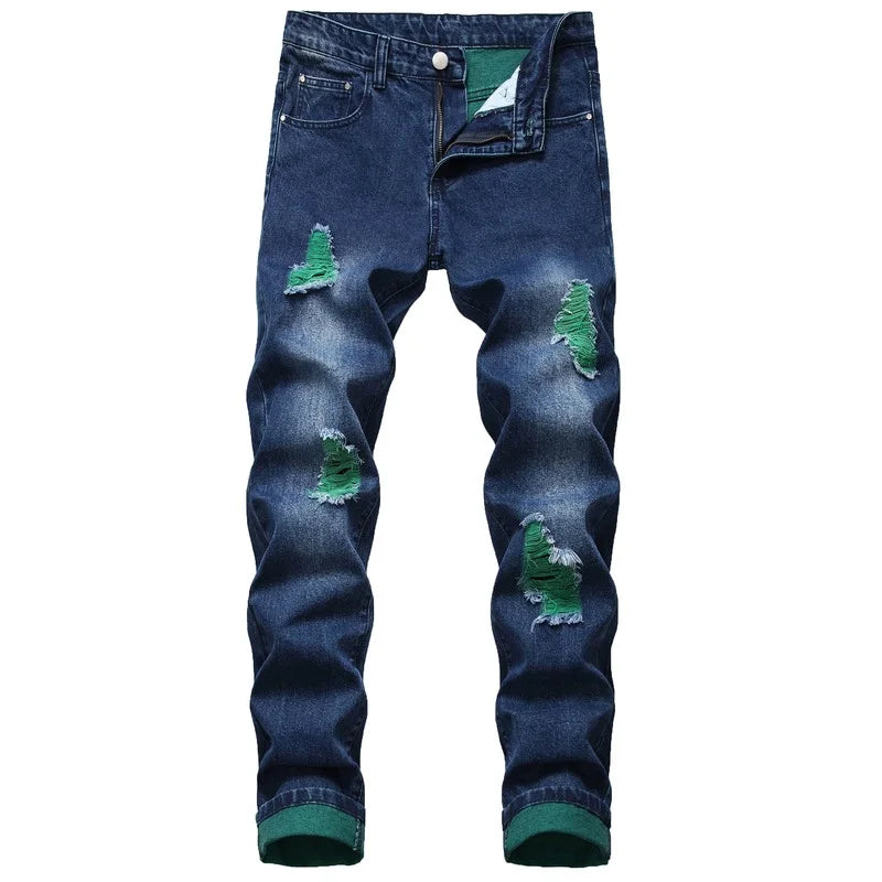 High Quality Men Casual Black Jeans Paint Slim Straight Hole Biker Jeans Autumn Jean Homme Male Denim Pants Plus Size
