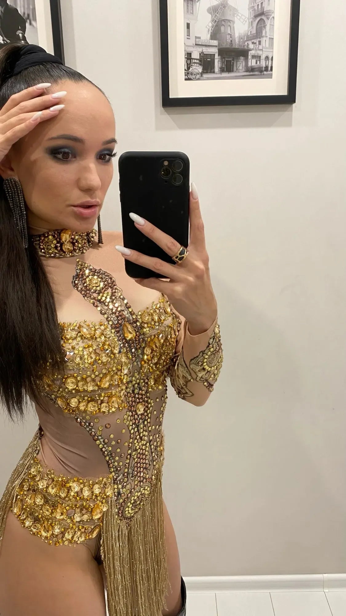 Sparkly Gold Crystals Fringes Leotard Women Rhinestones Performance Dance Costume Stage Wear Club Outfit Sexy Tassel Bodysuit