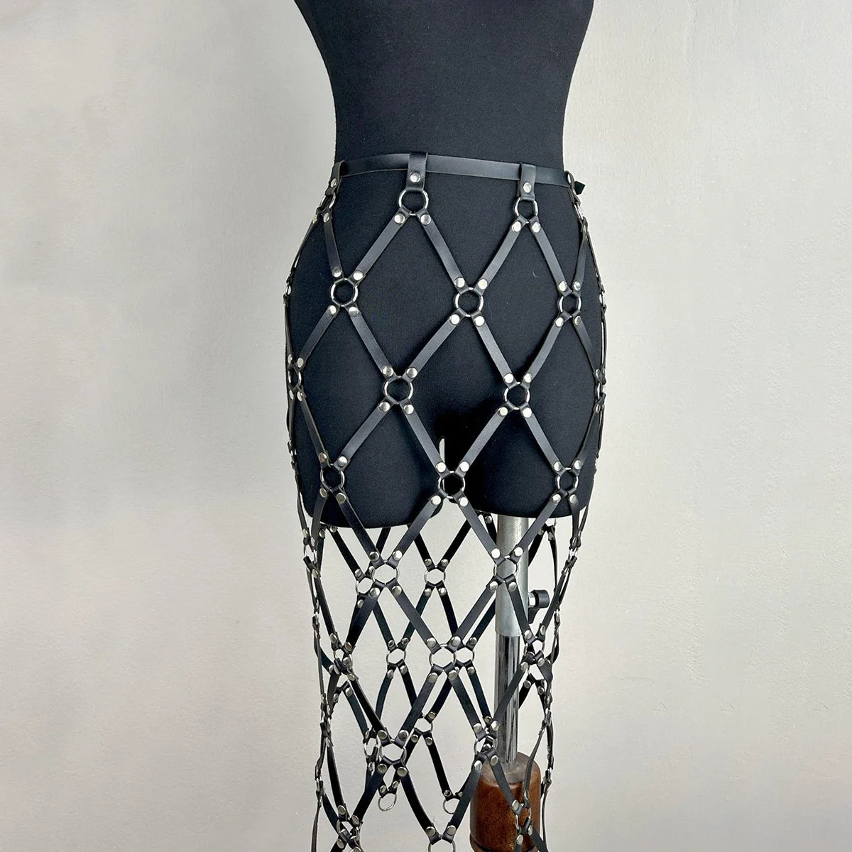 Handmade PU Leather With Ring Skirt,  Adjustable Cage Netting Design Skirt With Tassels, Pu Leather Skirt Harness, Rave Outfit.