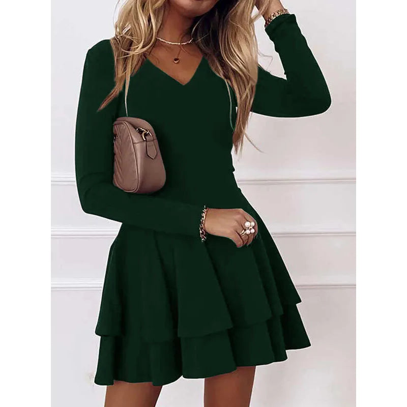 NEW Autumn V-Neck Solid Color Fashion Mid Waist Pullover Panel Bottom Fashion Versatile Style Long Sleeve Women's Dress