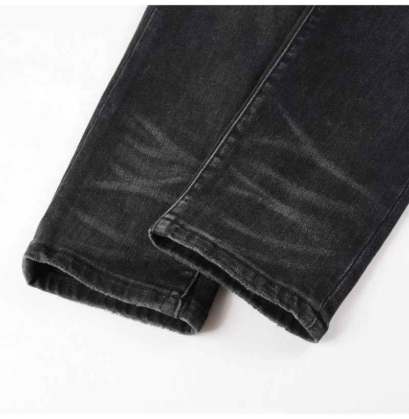 Men Cracked Leather Patch Biker Jeans Streetwear Pleated Patchwork Holes Ripped Stretch Denim Pants Skinny Tapered Trousers