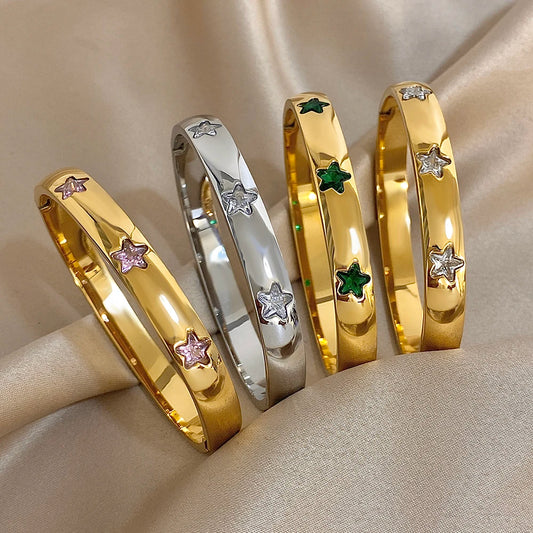 Shiny Star Colorful Zircon Smooth Cuff Bangle Bracelet for Women Trendy Gold Plated Stainless Steel Wide Bracelets Jewelry Gifts