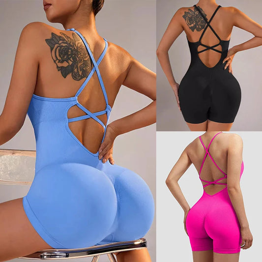 Women's Yoga Jumpsuit, Sexy One-Piece Fitness Romper with Strap, Tummy Control & Padded Sports Bra for Workout