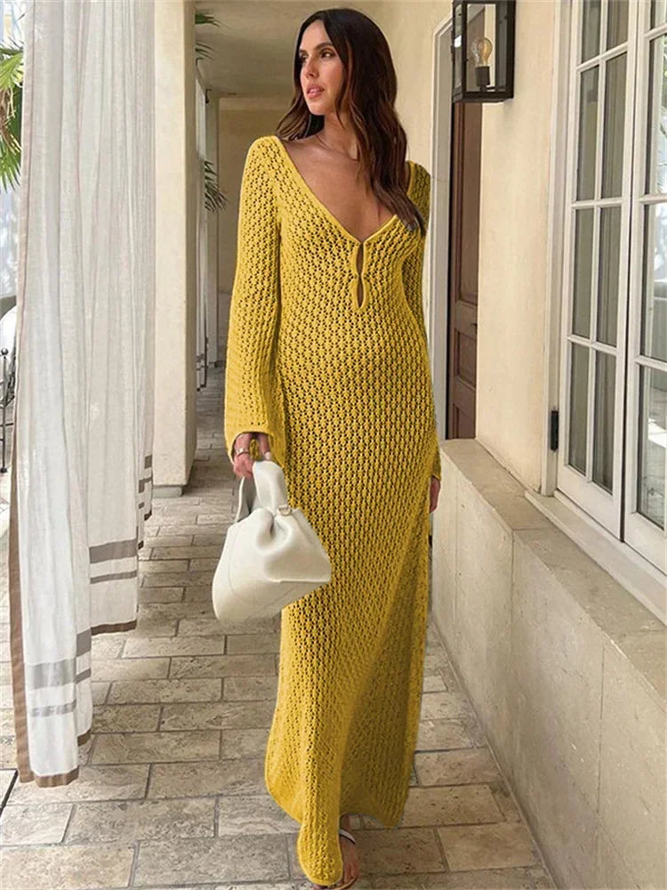 BWQ White Knit Fashion Cover up Maxi Dress Female See-Through V-Neck Hollow Out Beach Holiday Dress Knitwear Backless Dress