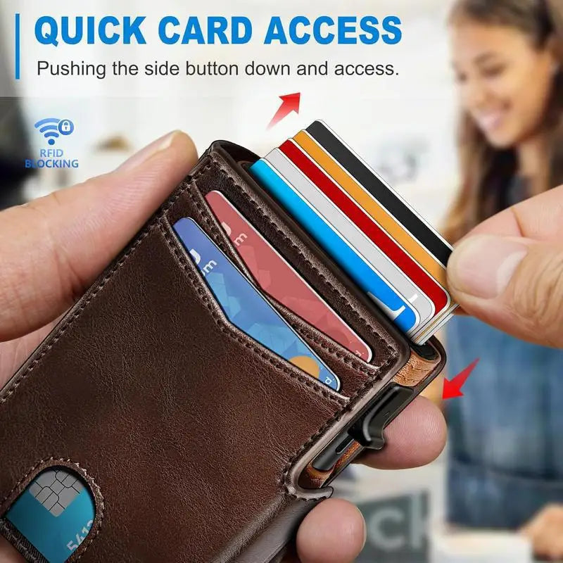 OUIO New Black Leather Wallet For Men Slim Bifold RFID Blocking Wallet With Pop-Up Metal Card Holder Card Sleeves POP UP Wallet