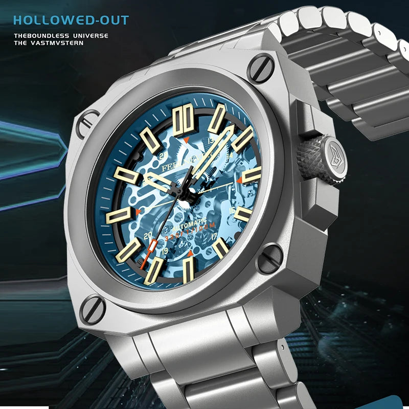 FeelNever Kreative Herrenuhr mit Automatikwerk, ausgehöhlt, modisch, lässig, sportlich, Militär, Leder, wasserdicht, mechanische Uhr + Box
