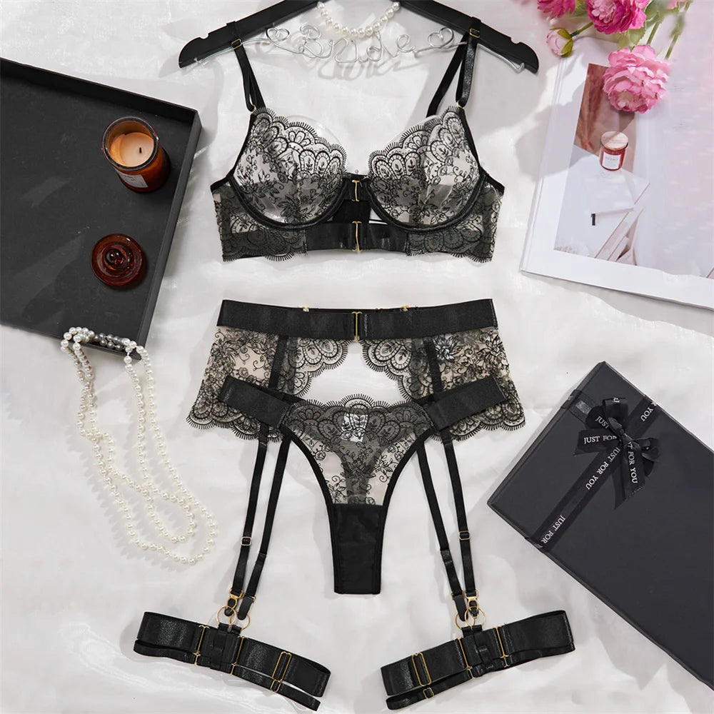 Krasapt Sexy Black Flower Lace Embroidery Lingerie 4 Pcs Sets Fancy Mesh Transparent Metal Buckle Bra And Thong Garter Suits