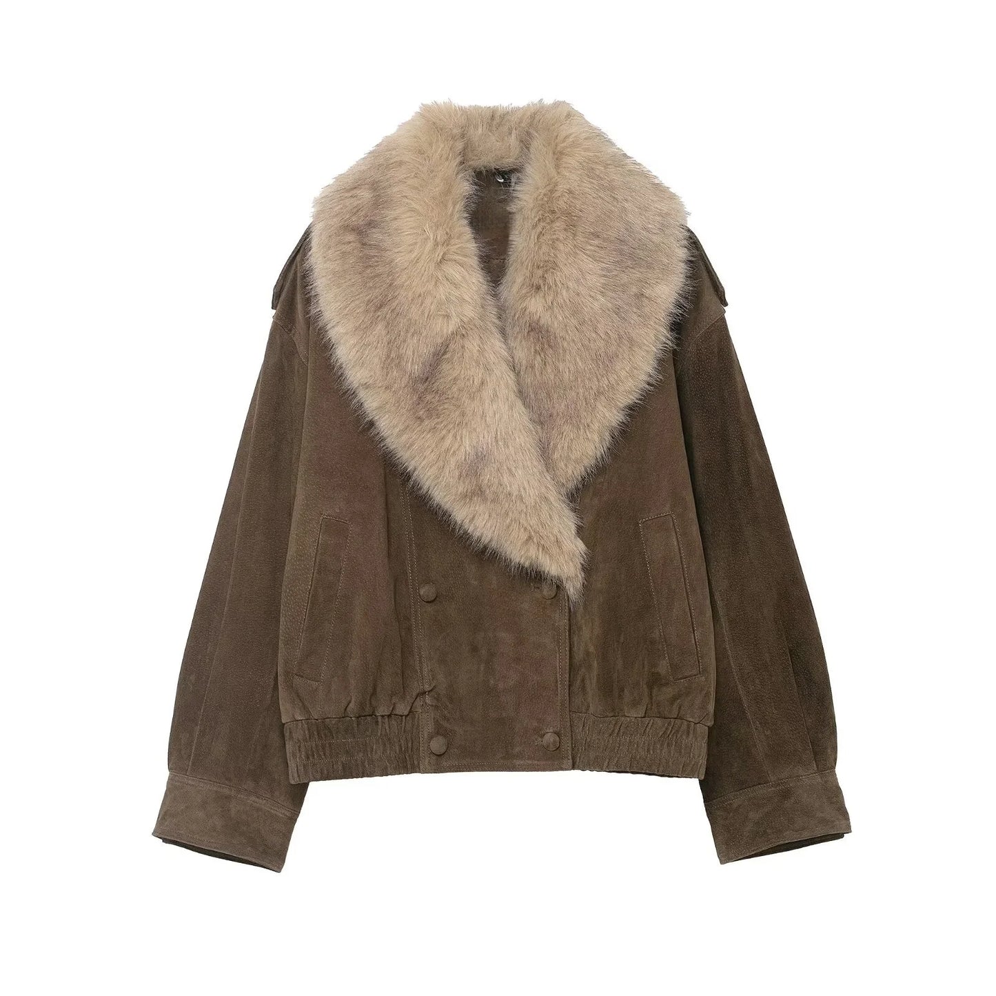 Winter New Women's Casual Fashion Simple Elegant Loose Faux Fur Effect Suede Texture Jacket with Lapel Long Sleeve