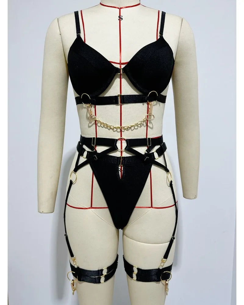 Toucheart Sexy Lingerie Suit for Women Sexy Fashionable Metal Chain Complex Craftsmanship Front Button Sex Hollow Out Underwear