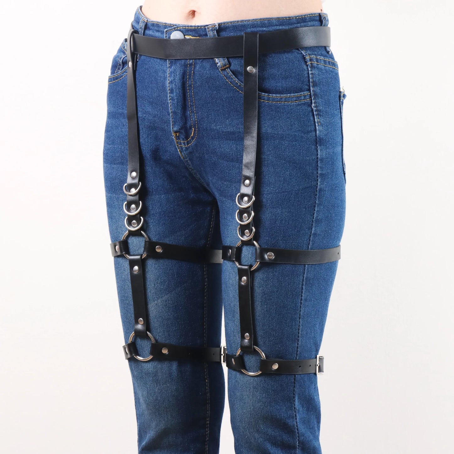 Women Black PU Leather Garter Belt Harness - Adjustable Ring Design Thigh Strap Belt for Punk Gothic Denim Outfits