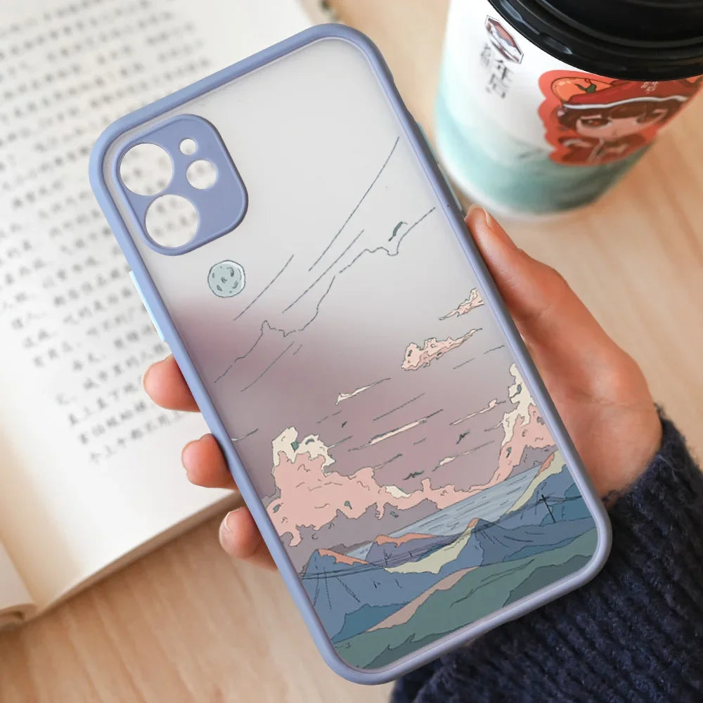 Japan Anime Landscape Phone Case For iPhone 16 15 11 13 12 14 Pro Max Mini 7 8 Plus SE 16E Scenery Hard Matte Cover Fundas Skin
