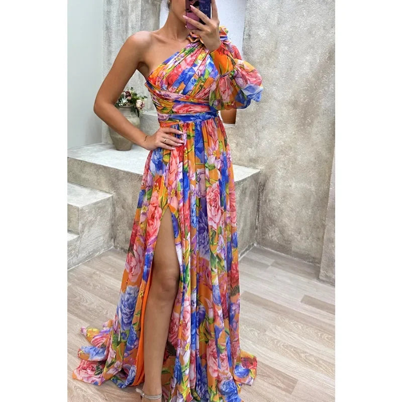 Women's Casual Off Shoulder Long Sleeved Waist Tied Dress with Slanted Collar Holiday Party Fashion Print Slit Dress