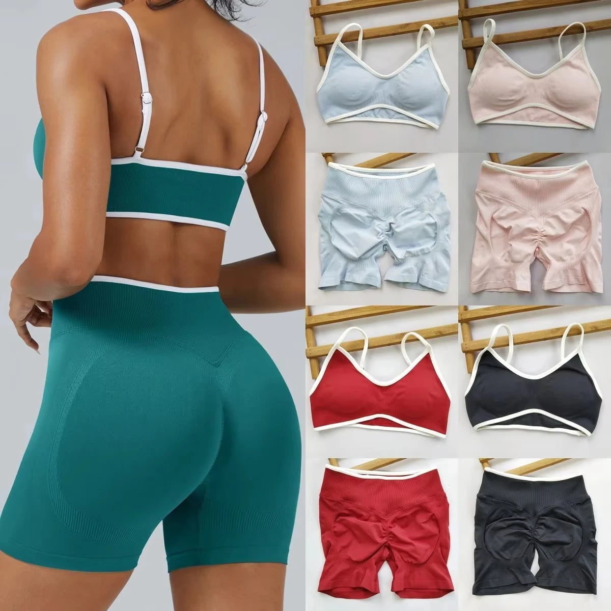 2 Pieces Sports Set Women Backless Tank Yoga Tops High Waist Scrunch Seamless Shorts Sport Gym Set Sportswear Workout Set