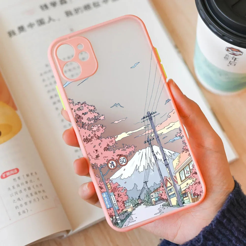 Japan Anime Landscape Phone Case For iPhone 16 15 11 13 12 14 Pro Max Mini 7 8 Plus SE 16E Scenery Hard Matte Cover Fundas Skin