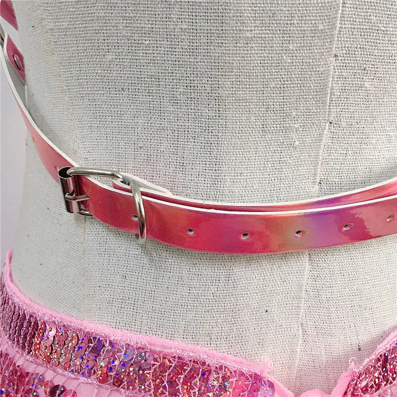 Women PU Leather Harness 2 Piece Set Sexy Hollow Out Metal Chest Chain With Tassel Sequins Mini Skirt Gothic Party Club Outfits