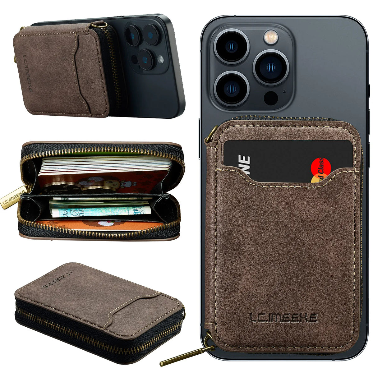 Magnetic Attraction Zipper Leather Card Slot Wallet for iPhone 17 Samsung Galaxy Google Xiaomi Phone MagSafe Magnetic Phone Bag