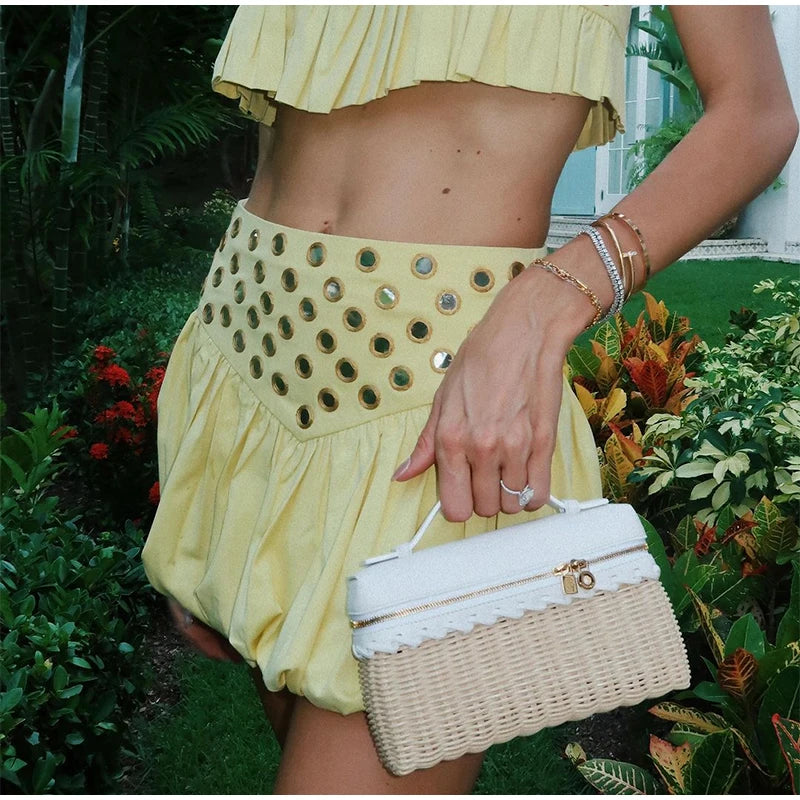 VEITCHE Women Metal Hollow Pleated Suspender Skirt Suit Sexy Sleeveless Vest High Waist Mini Skirt Lady Vacation Dress Set