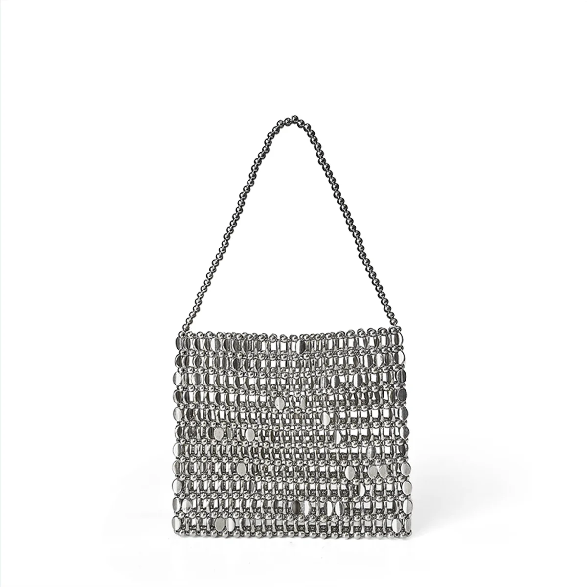 Shining Ins Metal Silver Handmade Bead Bag Bead Glitter Handmade Woven Phone Bag