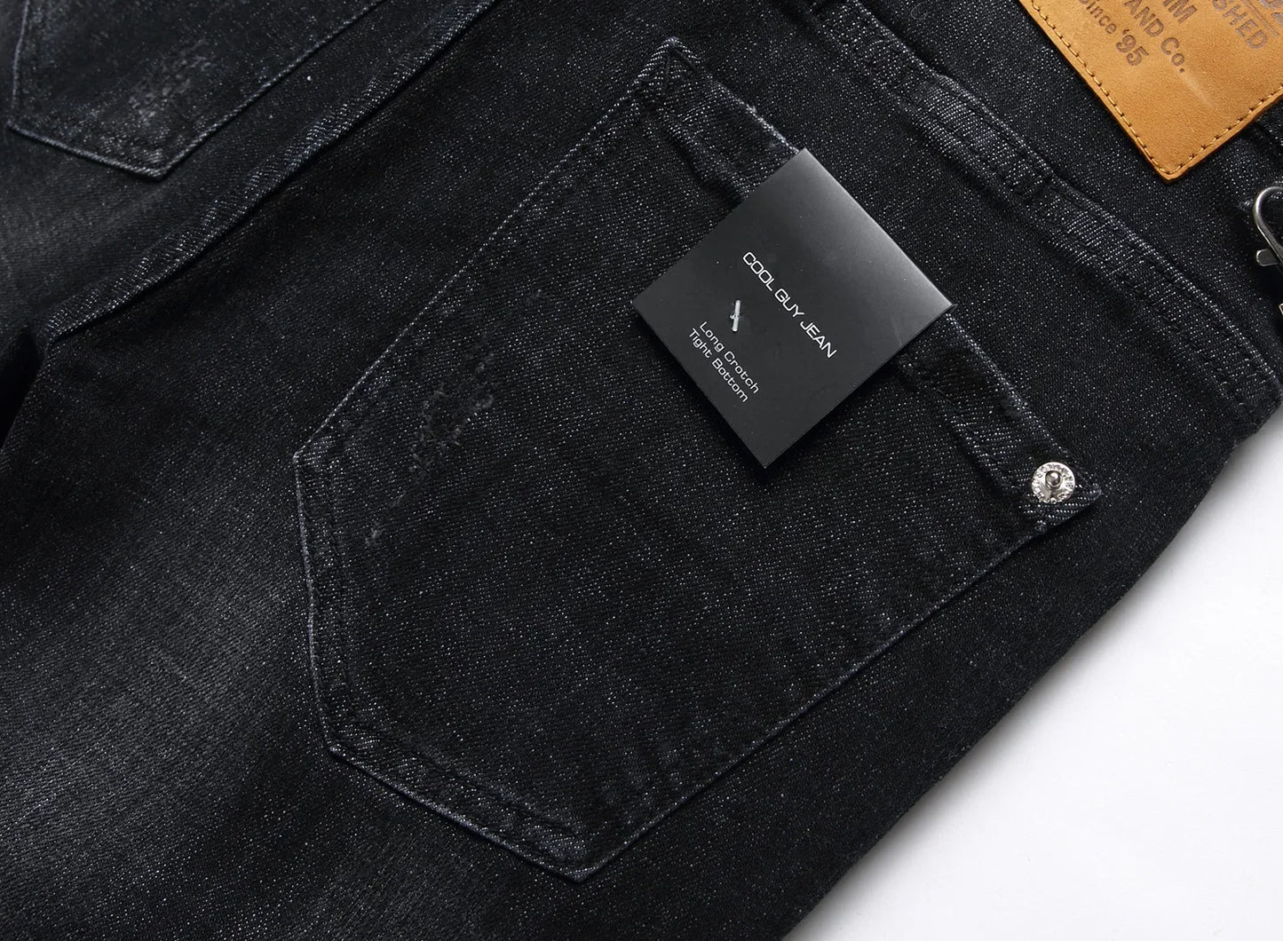 Schwarze zerrissene Jeans für Herren mit Löchern, Jeanshose im italienischen High-Street-Stil, hochwertige Slim-Fit-Jeans für Herren, Größe 38