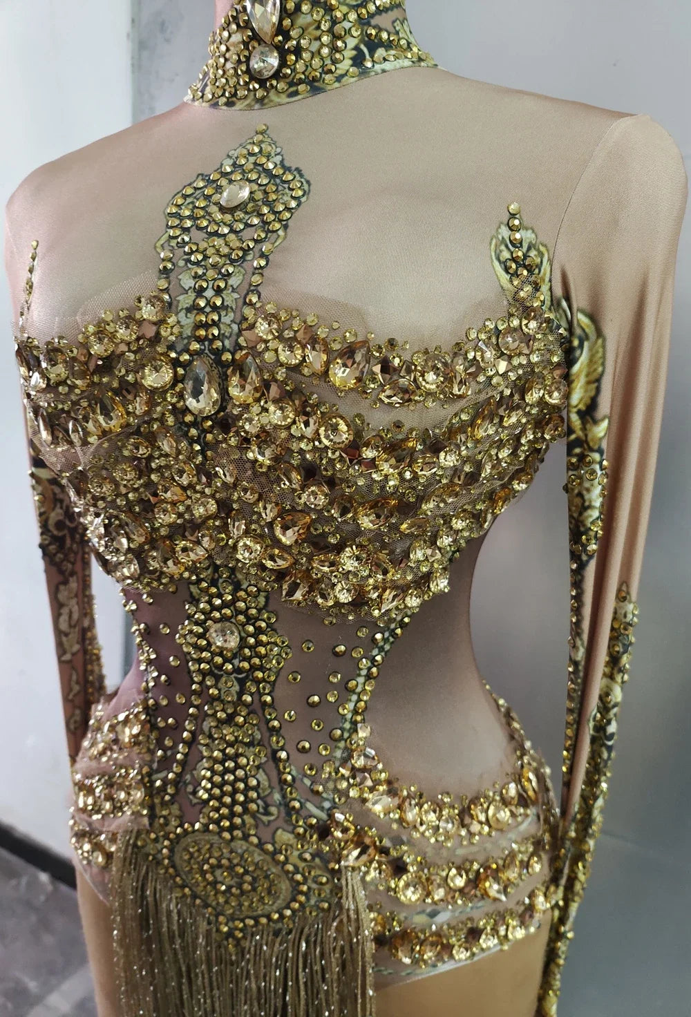 Sparkly Gold Crystals Fringes Leotard Women Rhinestones Performance Dance Costume Stage Wear Club Outfit Sexy Tassel Bodysuit