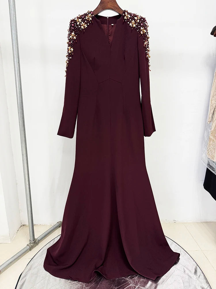 HIGH STREET Newest Fashion  Designer Party Vestido Women's Diamonds Beaded Split Long Maxi Dress