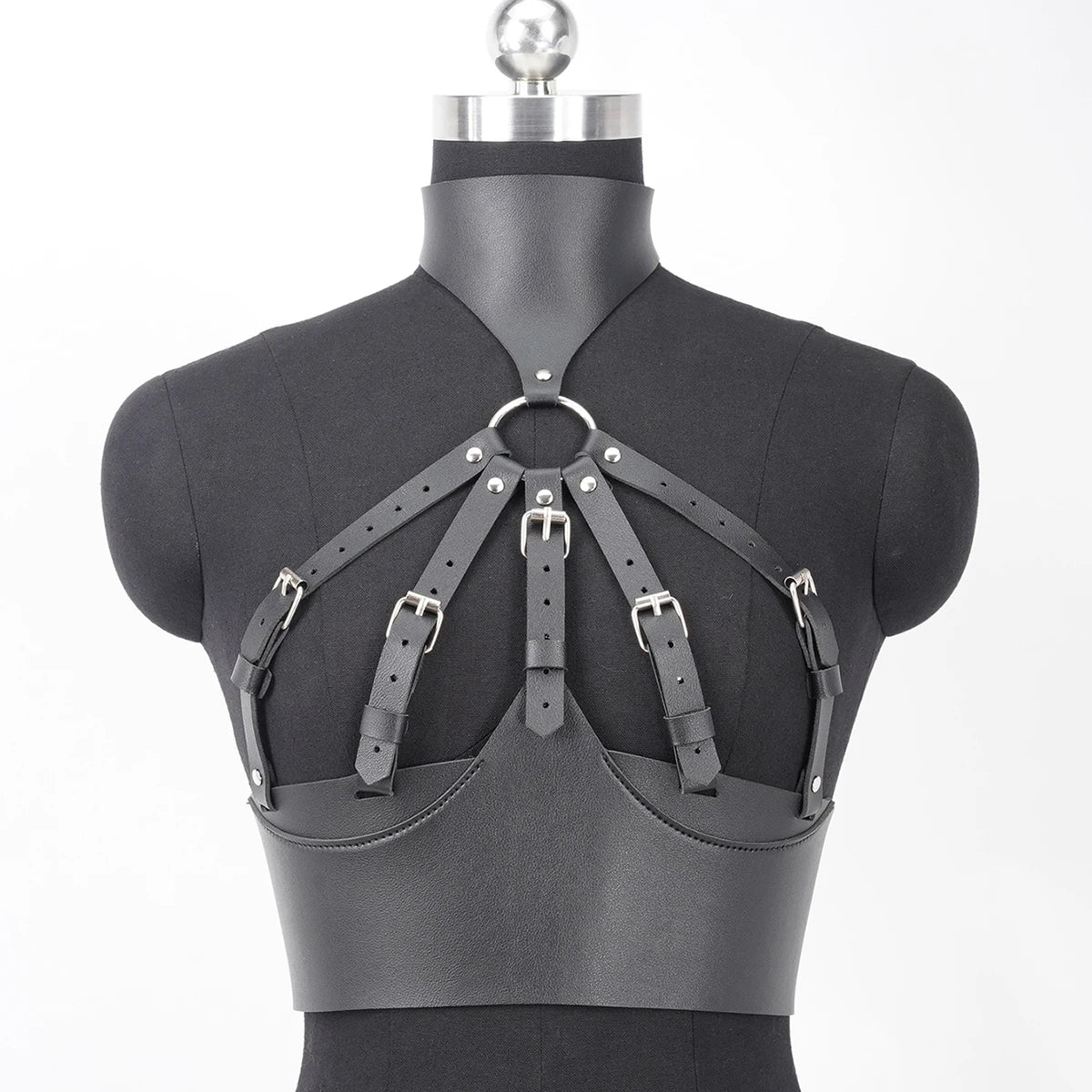 Women’s Black Leather Harness Bra - Adjustable Straps, Metal Ring Detail, Gothic and Punk Fashion, Rave Outfit, Plus Sizes