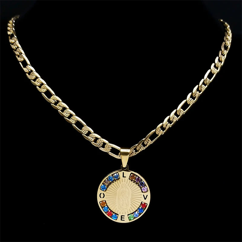 Virgin Mary Love Colorful Crystal Necklace Women Men Stainless Steel Gold Color Our Lady of Guadalupe Necklaces Jewelry N8389S05