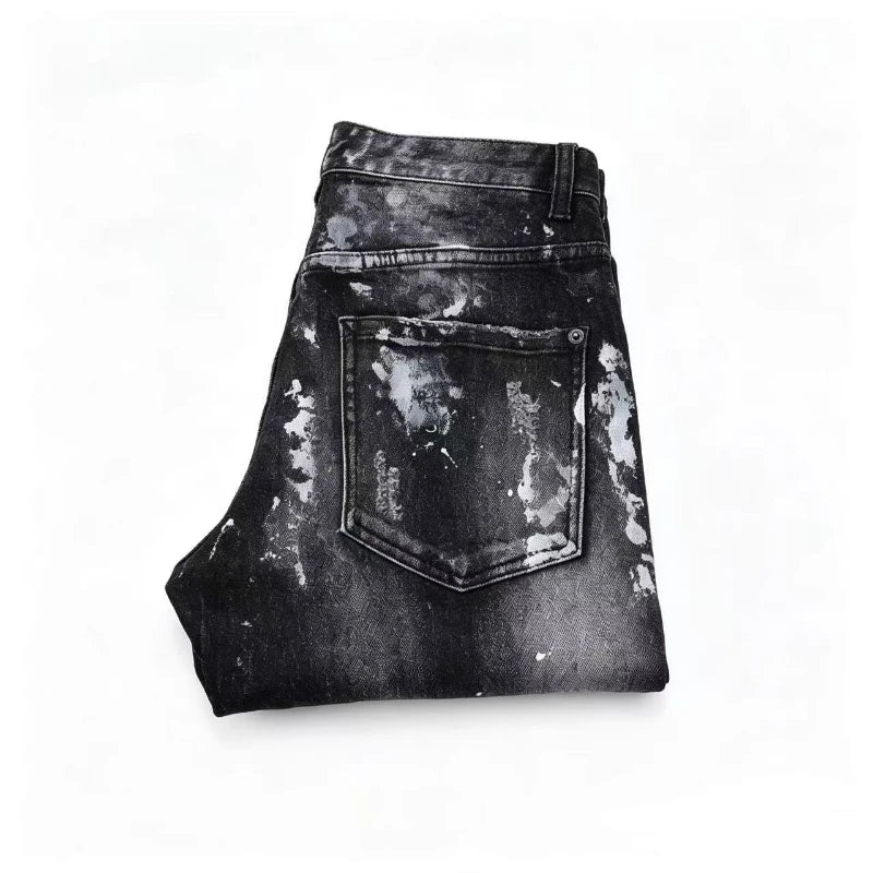Men's Black Paint Splatter Distressed Jeans  High Stretch Ripped Slim Fit Streetwear Denim Pants Punk Graffiti Style Trousers