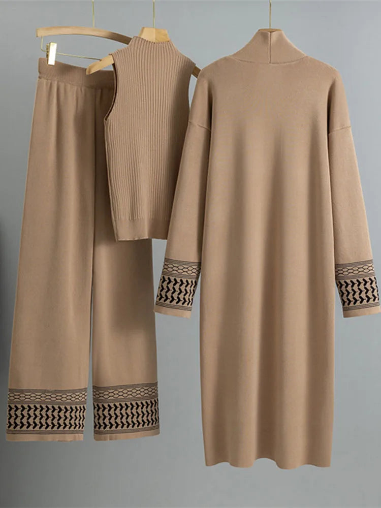 Korean Design Elegant Knitted 3 Piece Sets Women Knit Vest Sweater Long Cardigan Tops Conjuntos High Waist Wide Leg Pants Outfit