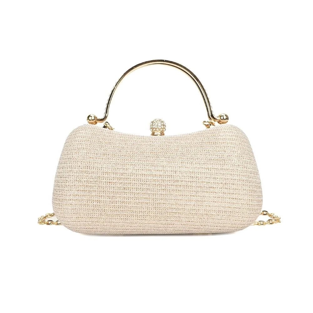 Gold Bright Silk Circular Evening Bag Women Banquet Clutch Rhinestone Decor Chain Shoulder Bags Luxury Female Party Handbags