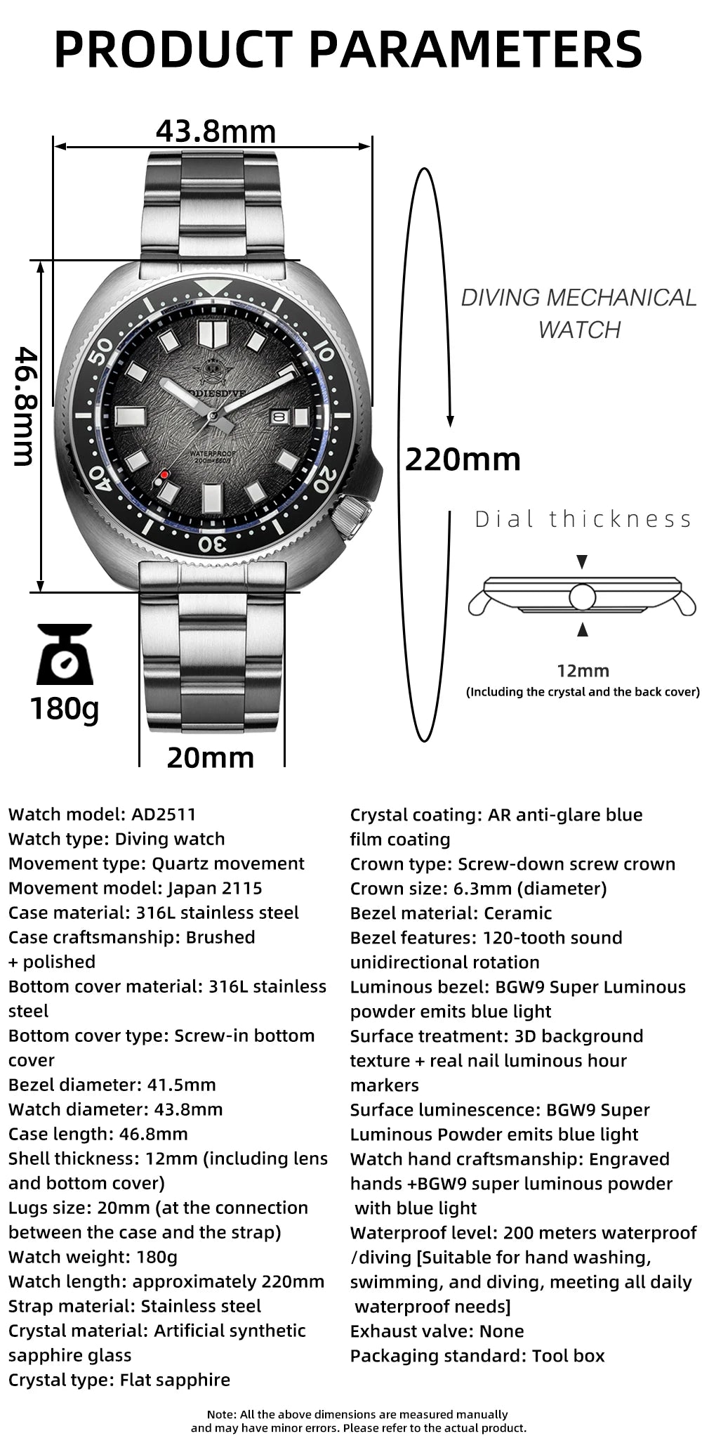 ADDIESDIVE AD2511 Watch For Men Sapphire Glass BGW9 Super Luminous 20Bar Waterproof Relogio Masculino Quartz Watch reloj hombre