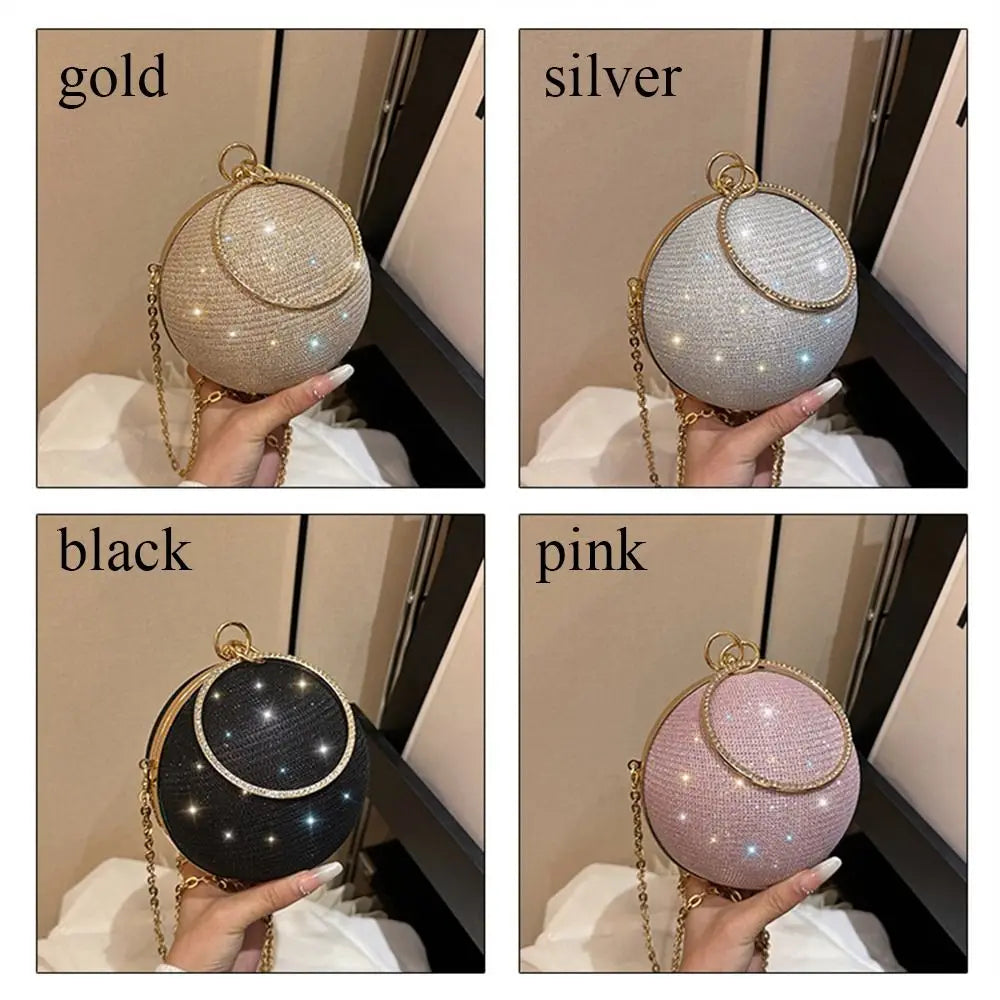 Elegant Circular Evening Bag Gold Bright Silk Rhinestone Decorative Chain Banquet Clutch Shoulder Bags Wedding Party