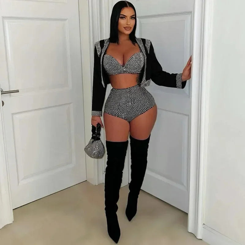Sparkly Diamonds 3 Piece Short Sets Woman Outfits Rhinestones Luxury Cropped Jacket Top and Bra and Shorts Set Clubwear