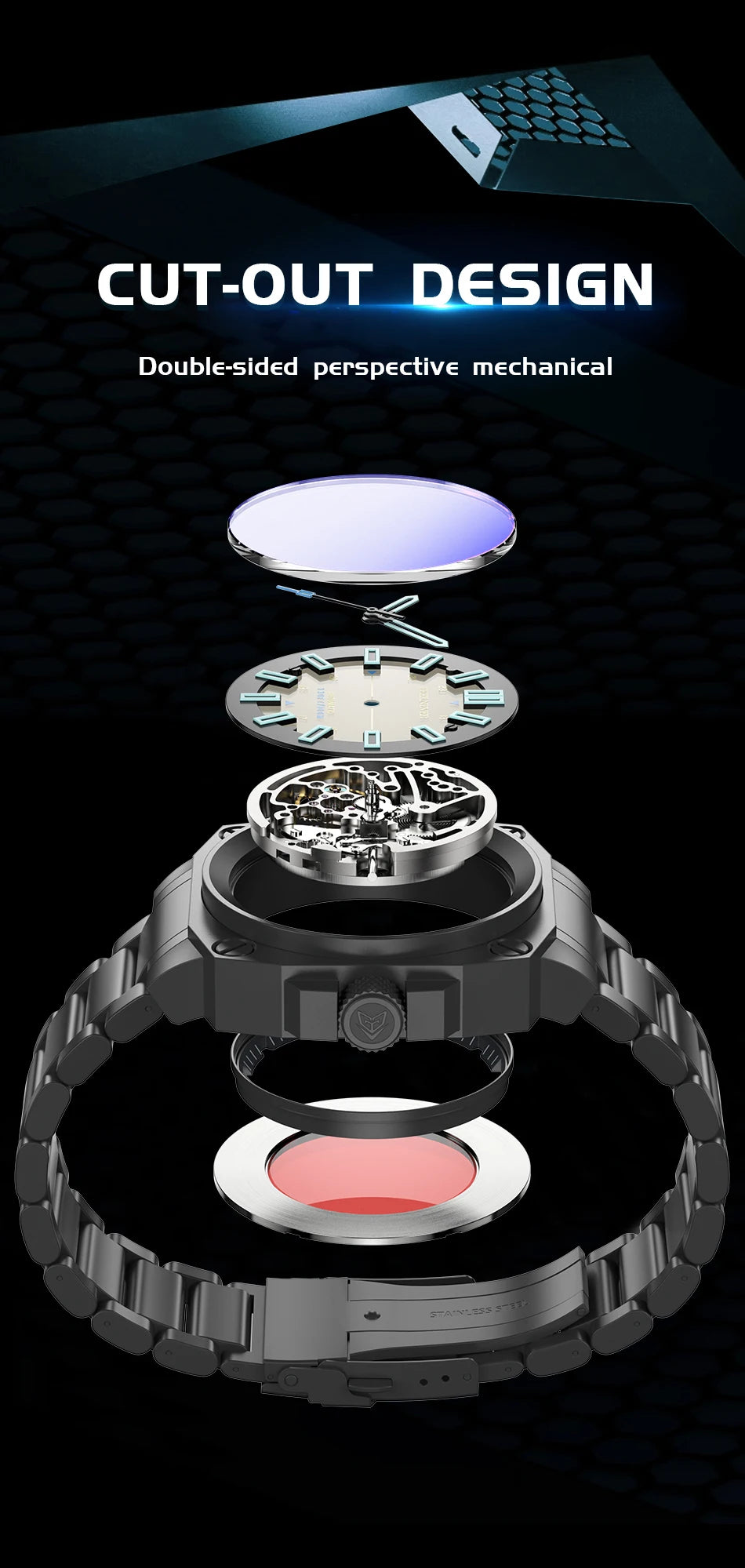 FeelNever Kreative Herrenuhr mit Automatikwerk, ausgehöhlt, modisch, lässig, sportlich, Militär, Leder, wasserdicht, mechanische Uhr + Box