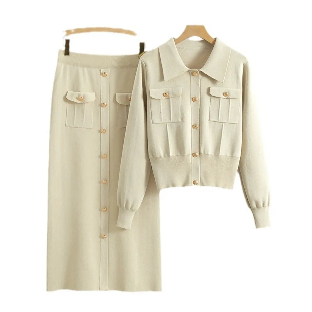 Women Knit Two Piece Skirt Sets Cardigan V Neck Single Breasted Sweaters A Line Long Skirts Casual Suit Thick Warm Elegant