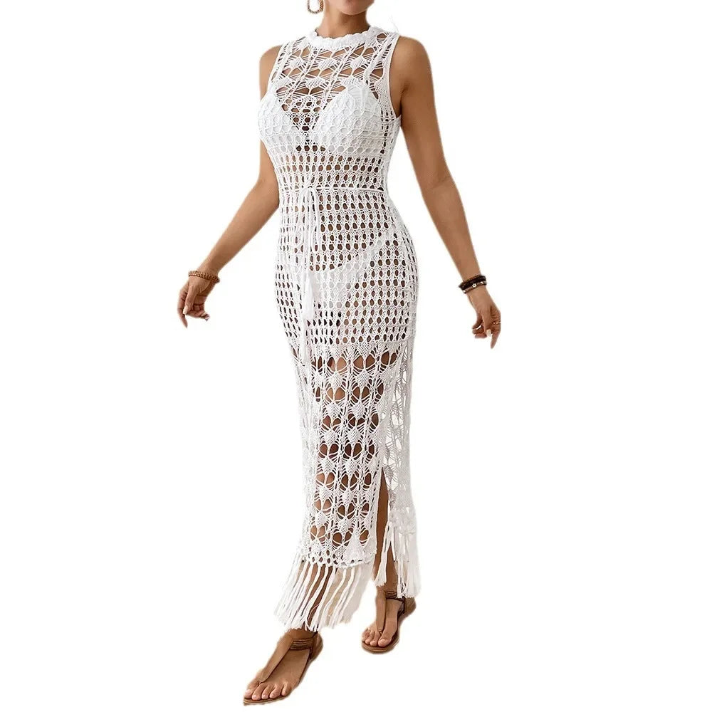 Casual Ladies Beach Skirt Hollow out Floral Print Long Dress Waist Cinched Fringed Sandy Coastline Women's Fashion Outerwear