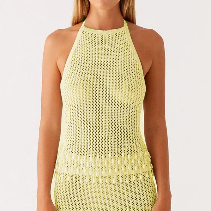 Women Crochet Knitted Crop Tops Pearl Patchwork Halter Tank Tops Sexy Y2K Backless Hollow Out Cover Up Vacation Beachwear