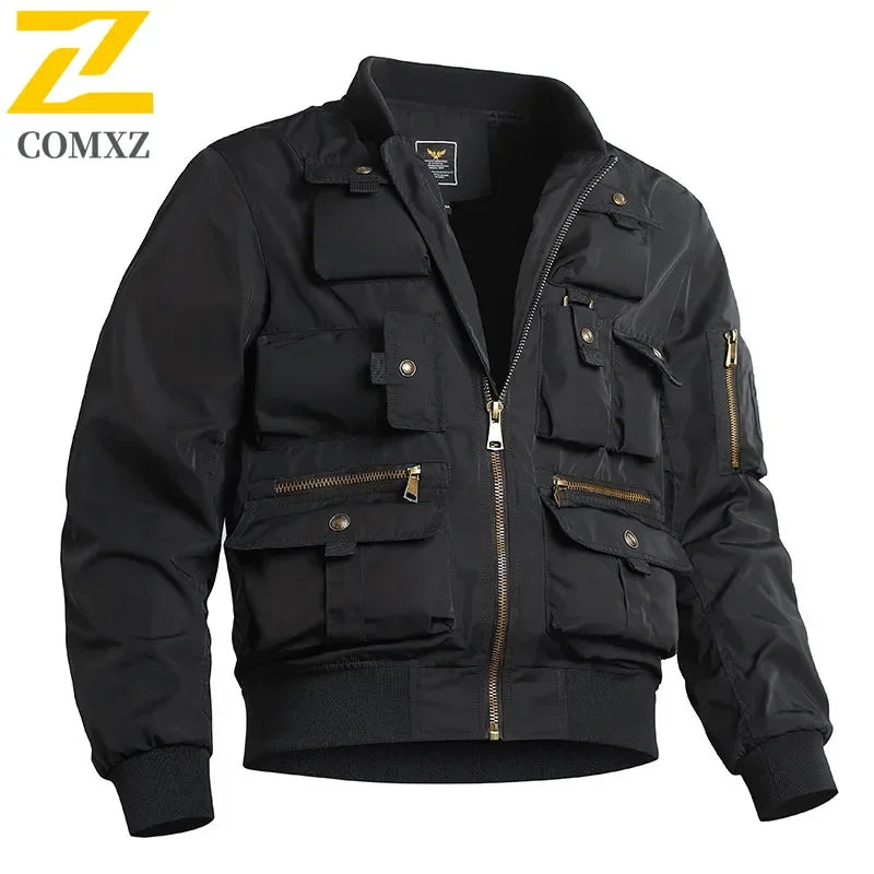Autumn and Winter Men's stormcoat  New Solid Color Multi Pocket Loose Outdoor Fishing Work Coat Men Retro Waterproof Jacket