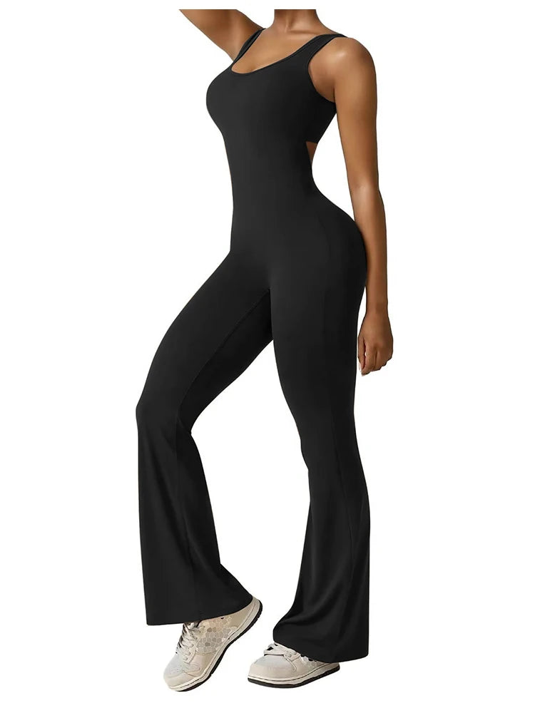 Women's Fitness Flared Bodysuit Sexy Backless Fitness Tight Waistband Hipless Yoga Bodysuit V Back Waistband Hip Lift