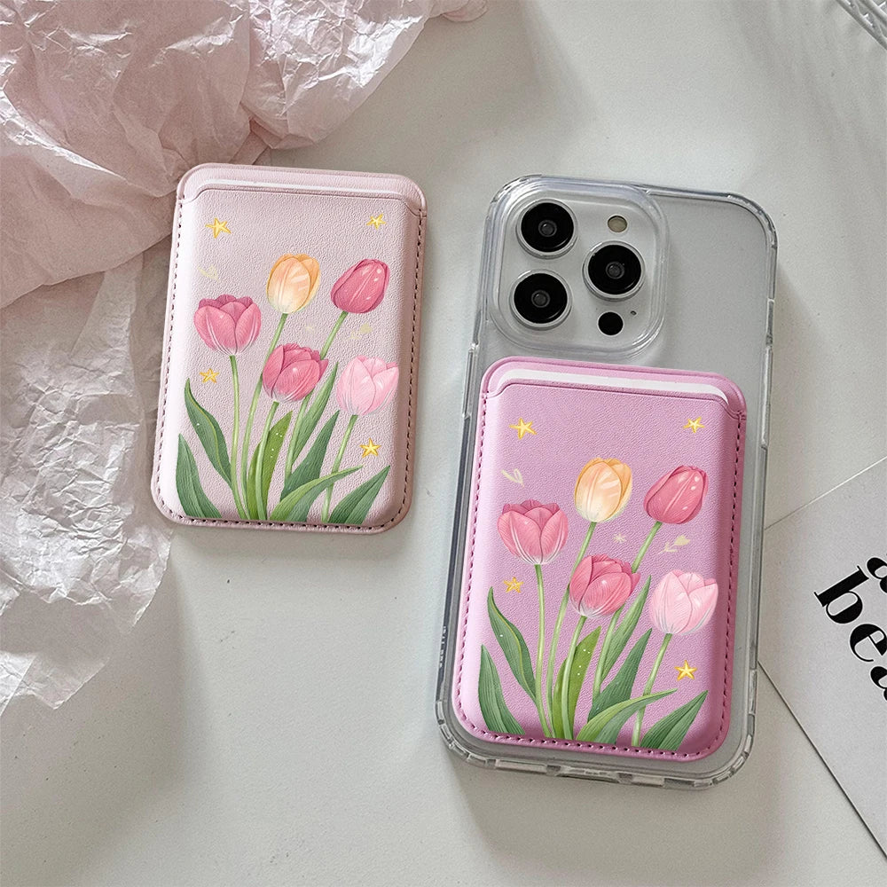 Tulip Flowers Leather Card Wallet Cases Phone Card Holder Magnetic Case Suitable For all iPhone for Magsafe Card Phone Back Bag